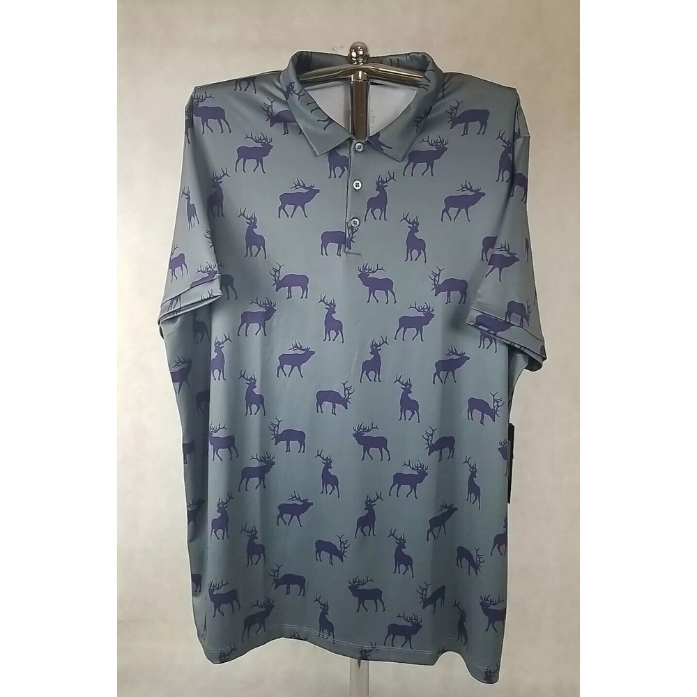 NWT Caddy Cart Golf Shirt Mens Size 1XLT Gray Purple Polo Deer Print Performance